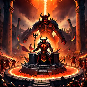 Demonic warrior presiding over a hellish gladiatorial arena. Subject: Seated on floating obsidian throne above arena. Medium: Digital illustration. Style: Infernal dark fantasy. Composition: High angle view of arena, warrior overlooking. Color and lighting: Reds and oranges, spotlights on combatants below. Costume: Elaborate armor with trophy racks of defeated foes. Props: Goblet of lava, signal flags for arena control. Background: Massive colosseum filled with demon spectators, battles below. Atmosphere: Bloodthirsty excitement, heat of competition. Detailed variety of demonic gladiators and monstrous beasts. Contrast between warrior's stoic observation and chaos of arena, dynamic composition, 3D, real life, high_resolution, dynamic lighting, MasterF, perfect face, dramatic watercolor, nodf_xl, more detail XL, Dark_Mediaval,