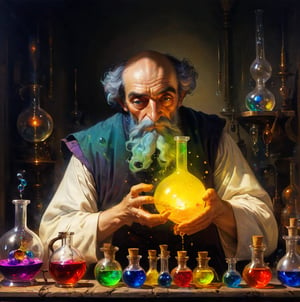 Gnarled hands manipulate a bubbling alchemical apparatus, vials of colorful liquids in the foreground. In the reflection of a glass beaker, we see the alchemist's wizened mans face, eyes wide with anticipation, 3D, real life, high_resolution, dynamic lighting, MasterF, perfect face