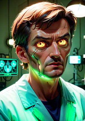 A dimly lit surgical room, the only light coming from the flickering neon signs of 'Surgery Clinic' outside, casts an eerie glow on the rogue doctor's focused expression. His multi-lens optical enhancements seem to intensify his concentration as he delicately installs military-grade ocular implants on a patient's eyes, the sterile environment a stark contrast to the grimy exterior.,3D 