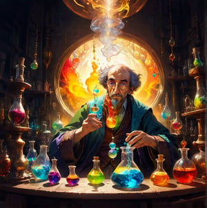 First-person view: Gnarled hands manipulate a bubbling alchemical apparatus, vials of colorful liquids in the foreground. In the reflection of a glass beaker, we see the alchemist's wizened mans face, eyes wide with anticipation, 3D, real life, high_resolution, dynamic lighting, MasterF, perfect face