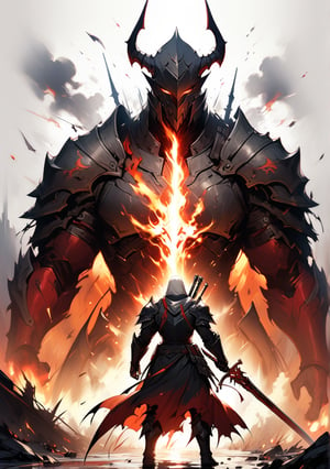 A triumphant demon hunter stands tall, platinum white hair cascading like a river around their resolute face, red eyes ablaze with an unyielding inner fire. Framed by a worn, dented plate armor, their authoritative presence commands attention. The massive sword in hand crackles with fiery energy, its blade mirroring the demon hunter's piercing gaze as they survey the aftermath of battle.