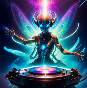 A cosmic DJ performs at an intergalactic nightclub. The alien DJ, with bioluminescent skin and multiple arms, manipulates holographic turntables floating in zero gravity. The club is filled with diverse alien species dancing to visual sound waves. The background features large windows showcasing swirling nebulae and distant galaxies. Neon lights pulse in sync with the music, creating a vibrant, energetic atmosphere. Highly detailed alien designs, dynamic composition, vivid colors, and a sense of movement. Highly detailed, dramatic lighting, warm color palette with deep shadows, dynamic composition, 3D, real life, high_resolution, dynamic lighting, MasterF, perfect face, dramatic watercolor