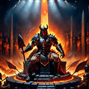 Demonic warrior presiding over a hellish gladiatorial arena. Subject: Seated on floating obsidian throne above arena. Medium: Digital illustration. Style: Infernal dark fantasy. Composition: High angle view of arena, warrior overlooking. Color and lighting: Reds and oranges, spotlights on combatants below. Costume: Elaborate armor with trophy racks of defeated foes. Props: Goblet of lava, signal flags for arena control. Background: Massive colosseum filled with demon spectators, battles below. Atmosphere: Bloodthirsty excitement, heat of competition. Detailed variety of demonic gladiators and monstrous beasts. Contrast between warrior's stoic observation and chaos of arena, dynamic composition, 3D, real life, high_resolution, dynamic lighting, MasterF, perfect face, dramatic watercolor, nodf_xl, more detail XL, Dark_Mediaval,