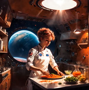 An astronaut-chef prepares a meal in a zero-gravity kitchen on a Mars base. The chef floats in the center, skillfully manipulating floating globules of liquid and perfectly spherical fruit. They wear a futuristic chef's uniform combined with elements of a space suit. The kitchen is full of high-tech cooking gadgets and hydroponically grown vegetables. Through a large window, the red Martian landscape is visible, with Earth hanging in the sky. The scene is lit by a mix of artificial light from the kitchen and the warm glow of the Martian sunset. Highly detailed space technology, focus on the unusual physics of cooking in space, blend of culinary and sci-fi elements, dynamic composition, 3D, real life, high_resolution, dynamic lighting, MasterF, perfect face, dramatic watercolor, nodf_xl