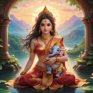 "Create a serene scene of Goddess Parvati seated on a lotus in a tranquil setting. She is holding baby Ganesha in her lap, gently cradling him. Parvati has a calm, nurturing expression, adorned in traditional Indian attire with intricate jewelry. The background should include soft, golden sunlight filtering through lush greenery, with a peaceful river flowing in the distance. Ganesha is shown as a joyful infant with an elephant head, smiling and looking at Parvati. The atmosphere should feel divine, warm, and full of love."