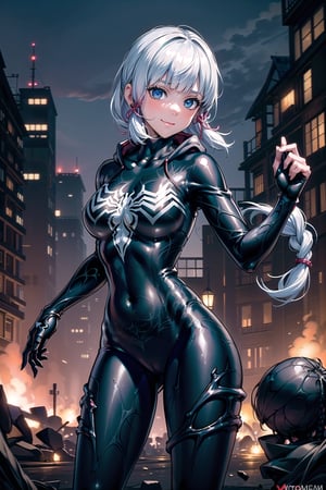 Prompt: ((masterpiece, detailed,perfect5_fingered, perfect hands, betterhands, detailed background)),looking_at_viewer,(((from front)))_,front),smile,blush,closed_mouthbreasts, large_breasts,thick_thighs, hair_ornament, braid, very_long_hair, braided_ponytail, cleavage
(((Spider web in background)))
((((Wearing full body venomsuit))))
(((In street)))
((Six pack))
(((Visible face)))
((Spider position))
(((Hood)))
((Spider web in background))
((((Detailed venom suit))))
((Night))
((White skin))
((Clothes black and white))
White hair
((Long hair))
  blue eyes
((Wearing venom suit)) 
Hot boddy
Detailed face
High quality eyes
Have a distance from camera
Skinny 
((Black and white venomsuit))
Hands on ass
Empty hands
Sexy style
Hot ,venom suit,venom custom, kamisato_ayaka,CARTOON_MARVEL_she_venom_ownwaifu
