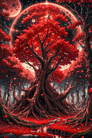 High quality, masterpiece, a forest of scarlet leaves like blood that has the sun and the moon illuminating it above it