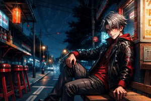 High quality, masterpiece, 1boy, shiny dark silver hair, red_eyes, biker attire, Sitting in a bench outside a roadside bar, with a slight smile, full_body