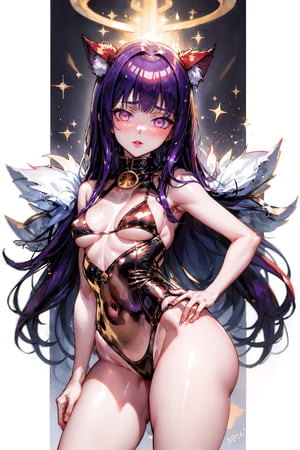 High quality, masterpiece, 1 girl, solo_female, 21 year old kid, very hot, long red hair, incandescent golden eyes, curvy_hips, perfect ass, small breasts, slim boby, purple lips, glowing pale whit skin, dwarfoil, tonned body, front pose, Nice legs and hot body,nyantcha style,Hinata ,furry,cr0sscharmsdr3ss