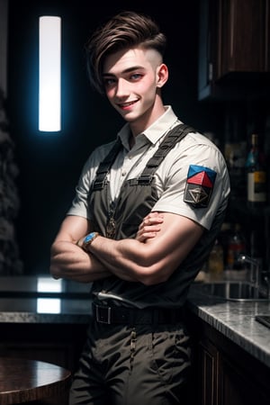 High quality, masterpiece, 1boy, solo_male, 21 year old man, very hot, glowing pale white skin, short blackluster hair, light_red_eyes, marked abdomen, broad shoulders, strong arms, nodf_lora, smile mischievous, combine soldier,midjourney
