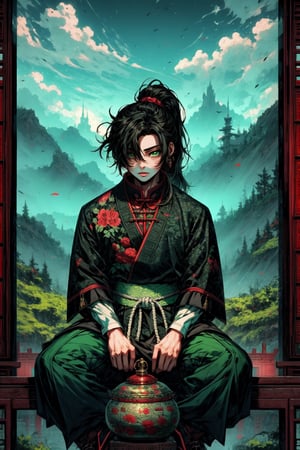 High quality, masterpiece, rayearth, 1boy, shiny medium long black hair in a ponytail, bright green pupils, white ancient chinese martial arts clothes, sitting on the top of a hill overlooking a cloudy valley with Chinese pavilions