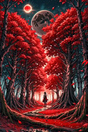 High quality, masterpiece, a forest of scarlet leaves like blood that has the sun and the moon illuminating it above it