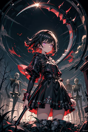 a necromancer girl with black hair, purple eyes, a black dress and powers of darkness, with a serious expression,  she would be summoning skeletons.  se encuentra en un bosque. manos perfectas
se le ve el cuerpo completo, usa una scythe de arma