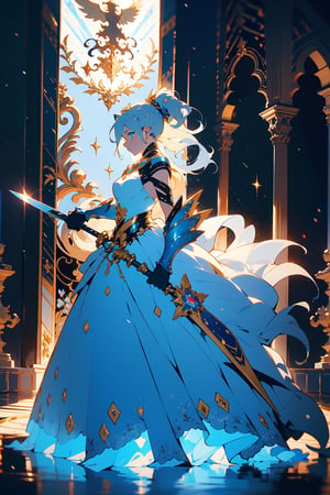 highly detailed, high quality, masterpiece, beautiful (entire plane shot), 
A girl will wear shining golden and whit lion armor. Her hair is pulled back into a blonde ponytail and her eyes are a beautiful light blue shade. He wields  shield and sword
