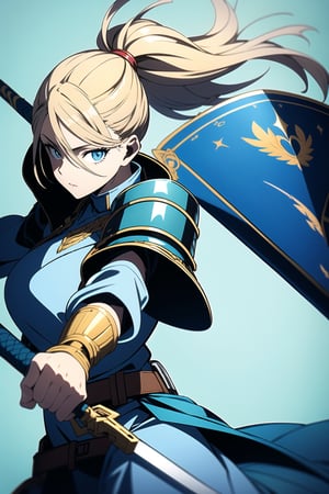 highly detailed, high quality, masterpiece, beautiful (entire plane shot), 
A girl will wear shining golden armor. Her hair is pulled back into a blonde ponytail and her eyes are a beautiful light blue shade. He wields a shield and sword, a defense pose, that is on a plain