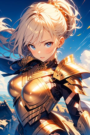 highly detailed, high quality, masterpiece, beautiful (entire plane shot), 
A girl will wear shining golden armor. Her hair is pulled back into a blonde ponytail and her eyes are a beautiful light blue shade. He wields a shield and sword, a defense pose