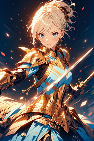 highly detailed, high quality, masterpiece, beautiful (entire plane shot), 
A girl will wear shining golden armor. Her hair is pulled back into a blonde ponytail and her eyes are a beautiful light blue shade. He wields a shield and sword, a battle pose