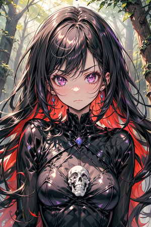 a necromancer girl with black hair, purple eyes, a black dress and powers of darkness, with a serious expression,  she would be summoning skeletons.  se encuentra en un bosque. manos perfectas
se le ve el cuerpo completo