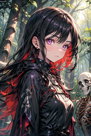 a necromancer girl with black hair, purple eyes, a black dress and powers of darkness, with a serious expression,  she would be summoning skeletons.  se encuentra en un bosque. manos perfectas
