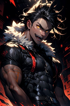 highly detailed, high quality, masterpiece, beautiful (whole body shot), 
a human boy, white, black hair, yellow eyes, has fangs and claws, wearing a fur suit