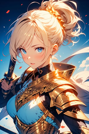 highly detailed, high quality, masterpiece, beautiful (entire plane shot), 
A girl will wear shining golden armor. Her hair is pulled back into a blonde ponytail and her eyes are a beautiful light blue shade. He wields a sword and a shield, a battle pose