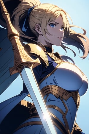highly detailed, high quality, masterpiece, beautiful (entire plane shot), 
A girl will wear shining golden armor. Her hair is pulled back into a blonde ponytail and her eyes are a beautiful light blue shade. He wields a shield and sword, a defense pose, that is on a plain