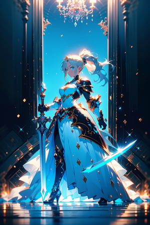 highly detailed, high quality, masterpiece, beautiful (entire plane shot), 
A girl will wear shining golden armor. Her hair is pulled back into a blonde ponytail and her eyes are a beautiful light blue shade. He wields a shield and sword, a battle pose
