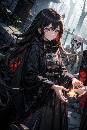 a necromancer girl with black hair, purple eyes, a black dress and powers of darkness, with a serious expression,  she would be summoning skeletons. usa un baston de arma, se encuentra en un bosque. manos perfectas
