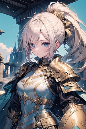 highly detailed, high quality, masterpiece, beautiful (entire plane shot), 
A girl will wear shining golden armor. Her hair is pulled back into a blonde ponytail and her eyes are a beautiful light blue shade. He wields a sword and a shield, and on the latter he bears the emblem of a lion.