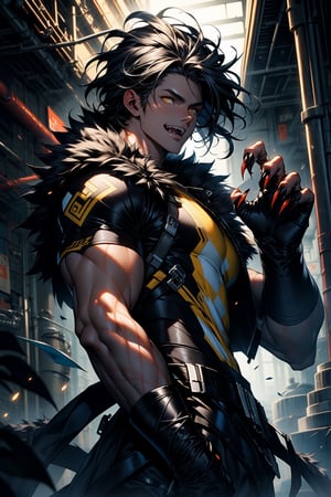 highly detailed, high quality, masterpiece, beautiful (whole body), 
a human boy, white, black hair, yellow eyes, has fangs and claws, and wears a fur suit.