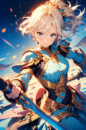highly detailed, high quality, masterpiece, beautiful (entire plane shot), 
A girl will wear shining golden armor. Her hair is pulled back into a blonde ponytail and her eyes are a beautiful light blue shade. He wields a sword and a shield, a battle pose