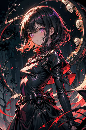 a necromancer girl with black hair, purple eyes, a black dress and powers of darkness, with a serious expression,  she would be summoning skeletons.  se encuentra en un bosque. manos perfectas
se le ve el cuerpo completo