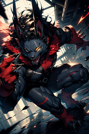 highly detailed, high quality, masterpiece, beautiful (whole body), 

a human boy, white, black hair, yellow eyes, has fangs and claws, and wears a fur suit. I would be in a fighting pose