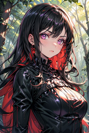 a necromancer girl with black hair, purple eyes, a black dress and powers of darkness, with a serious expression,  she would be summoning skeletons.  se encuentra en un bosque. manos perfectas
