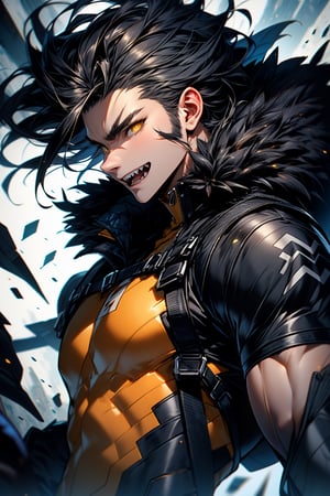 highly detailed, high quality, masterpiece, beautiful (whole body shot), 
a human boy, white, black hair, yellow eyes, has fangs and claws, wearing a fur suit
