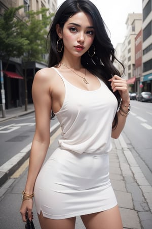 a 25 yo girl, seductive eyes, seductive smile, slim and sexy body, (long black hair), medium breasts, Asian face, looking at viewer, blurred desaturated bokeh background, dark theme, soothing tones, muted colors, high contrast, (natural skin texture, hyperrealism, soft light, sharp), (3/4 body shot), artistic photoshoot, white spaghetti-strap tank top, white tight skirt, Her look is accessorized with a necklace earrings and bracelets, She is standing on a city street, sexy pose