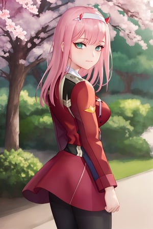Beautiful, Best quality, 4k, Masterpiece, Perfect Face, Perfect hand, Perfect finger, Perfect, hair, Pose detail, standing, view from behind, looking at viewer, looking behind her, Physical detail, Pink hair, Green eyes, two little pink horn, Clothing,  red military uniform, Black leggings, white boots, Place, Garden with Sakura tree, Character, Zero Two