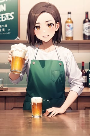 Beautiful, 4k, Masterpiece, high quality, highly detailed,Perfect Hand, Pose details, Serving beers, Hand on beers, physical detail, Happy, Smiling, Clothing, white shirt, brown apron, Place, Bar, Character, Kotoha Tachibana