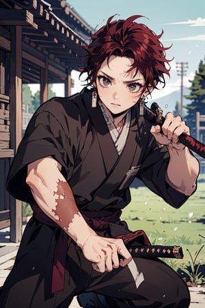 Beautiful, 4k, Masterpiece, high quality, highly detailed,Perfect Hand, Pose details, Holding katana, fighting stance, physical detail, dark red hair, red eyes, red scar on the left of his forehead, Clothing, Japanese swordsman, Place, training field, Character, 