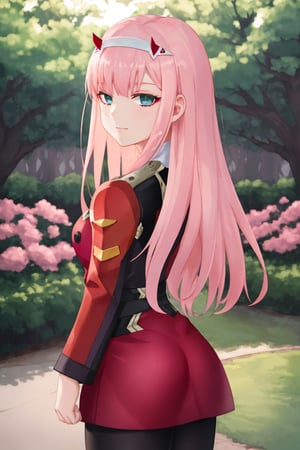 Beautiful, Best quality, 4k, Masterpiece, Perfect Face, Perfect hand, Perfect finger, Perfect, hair, Pose detail, standing, view from behind, looking at viewer, looking behind her, Physical detail, Pink hair, Green eyes, two little pink horn, Clothing,  red military uniform, Black leggings, white boots, Place, Garden with Sakura tree, Character, Zero Two