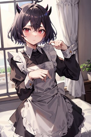 Beautiful, beautiful, high quality, highly detailed,Perfect Hand, Pose details, Teasing pose, physical detail, Black hair, Red eyes, Black little horn, small blushing, Clothing, maid outfit, Place,  bedroom, Character , Secre Swallowtail