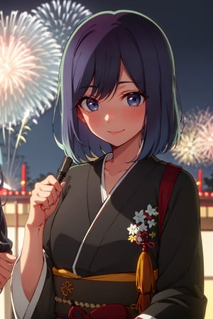 Beautiful, beautiful, high quality, highly detailed,Pose details, standing, physical detail, cute face, blushing, smiling, Happy, Clothing, long blue Kimono, Place, Japanese Festival, Night, Firework , Character , Akane Kurokawa 