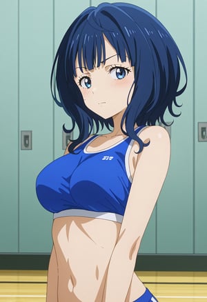 source_anime, ratings_safe, 1girl, Yanami Anna, sexy body, looking  at the viewer, anime style, illustration, sports top, gropes his breasts