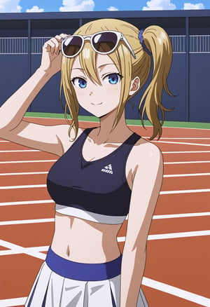 source_anime, ratings_safe, 1girl, Hayasaka Ai, sexy body, looking  at the viewer, anime style, illustration, sports top, skirt, sunglasses on head 