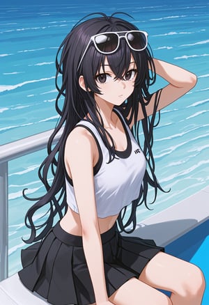 source_anime, ratings_safe, 1girl, loose hair, long black resinous hair, black eyes, completely black eyes, sexy body, looking  at the viewer, anime style, illustration, sports top, skirt, sunglasses on head, 