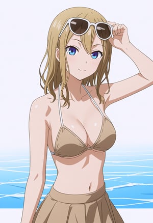 source_anime, ratings_safe, 1girl, Hayasaka Ai, sexy body, looking  at the viewer, anime style, illustration, beige bikini, skirt, sunglasses