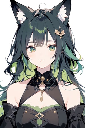 //quality, (masterpiece:1.331), (detailed), ((,best quality,)),//, vtuber,/,1girl,solo,cute,//,(black fox ears:green),animal ear fluff,hairstyle(long), (black hair:1.21),(green hair1.1),(colored inner hair:green), sidelocks, beautiful detailed eyes,((green eyes:1.3)) ,//,black_fashion(black_topwear),collarbone,//, sleepy,=_=,//,looking_at_camera,upper_body,(straight-on:1.331),//,emo,cute knight,kawaii knight