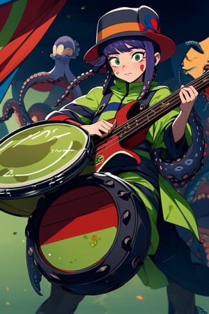 //quality, (masterpiece:1.331), (anime), ((,best quality,)),//,/,((1octopus)),(skin green lime)),(8 purple+green tentacles), ((instruments: guiro, bass drum, drum, cymbals)) black hat with yellow stripes, ((Costa Rican flag painted on the cheek))