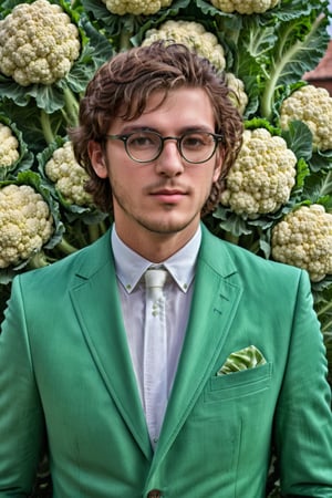 ((best quality)), ((upperbody shot)), ((masterpiece)), ((detailed)), ((4K)), modern portrait man 23 years old with a masculine face and glasses, dressed in an outfit entirely made of cauliflower. His appearance is unique: the suit, meticulously assembled from the white and green florets of cauliflower, includes a jacket, trousersї, green and white colors,Enhanced Reality