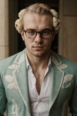 ((best quality)), ((upperbody shot)), ((masterpiece)), ((detailed)), ((4K)), modern portrait man 23 years old with a masculine face and glasses, dressed in an outfit entirely made of cauliflower. His appearance is unique: the suit, meticulously assembled from the white and green florets of cauliflower, includes a jacket, trousersї, green and white colors
